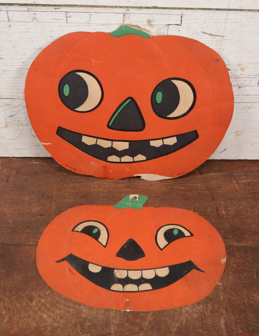 Lot 012 - Pair Of Vintage H.E. Luhrs Embossed Die Cut Paper / Board Halloween Decorations, Grinning Jack-O-Lantern J.O.L. Pumpkins, Note Wear