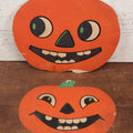 Lot 012 - Pair Of Vintage H.E. Luhrs Embossed Die Cut Paper / Board Halloween Decorations, Grinning Jack-O-Lantern J.O.L. Pumpkins, Note Wear