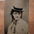 Lot 181 - Single Tintype Photo, Young Woman In Hat With Black Band, Striped Tie
