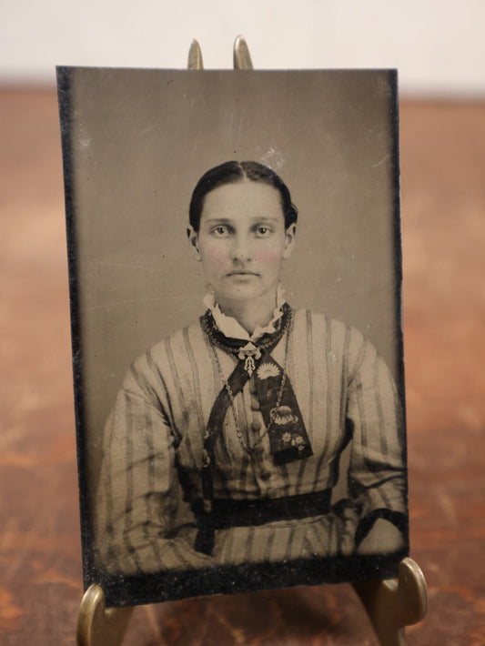 Lot 184 - Single Tintype Photo, Young Woman In Striped Dress, Decorated Tie, Chain