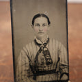 Lot 184 - Single Tintype Photo, Young Woman In Striped Dress, Decorated Tie, Chain