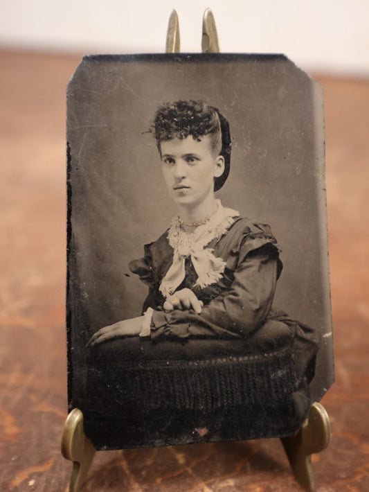 Lot 185 - Single Tintype Photo, Young Woman With Curly Tuft Of Hair, Gold Tone Necklaces