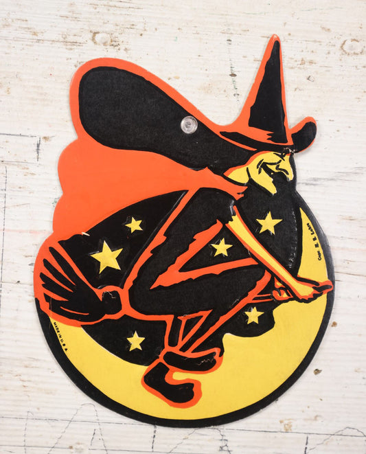 Lot 013 - Vintage H.E. Luhrs Embossed Die Cut Paper / Board Halloween Decoration, Witch Flying Over Moon On Broom