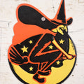 Lot 013 - Vintage H.E. Luhrs Embossed Die Cut Paper / Board Halloween Decoration, Witch Flying Over Moon On Broom
