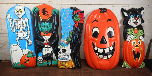 Lot 014 - Grouping Of Five Vintage Circa 1977 Halloween Decorations By Artform Industries Inc., Including Skeleton, Dracula / Vampire, Witch, Pumpkin, And Cat, Various Wear And Cracking