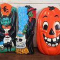 Lot 014 - Grouping Of Five Vintage Circa 1977 Halloween Decorations By Artform Industries Inc., Including Skeleton, Dracula / Vampire, Witch, Pumpkin, And Cat, Various Wear And Cracking