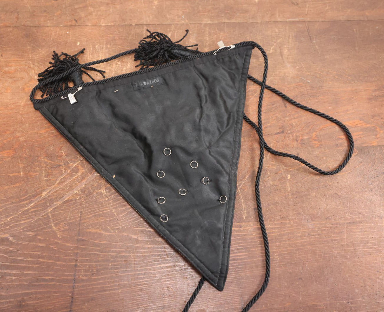 Lot 015 - Antique Masonic Knights Templar Skull And Crossbones Apron With Crossed Swords, Black Tassels, Belonged To E.G. Watson, Likely By Ames Sword Company