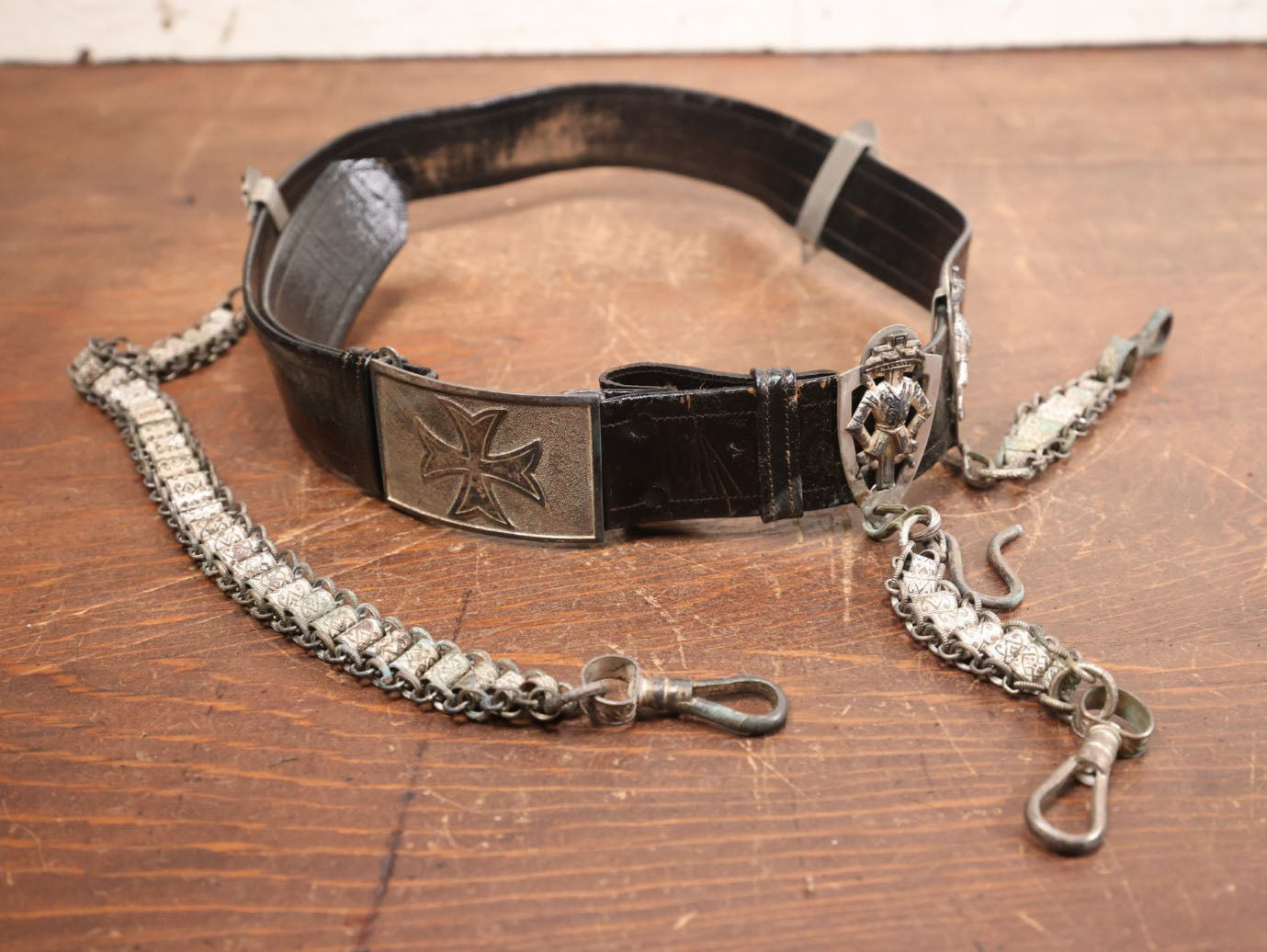 Lot 017 - Antique Masonic Knights Templar Leather Belt With Metal Adornments, Iron Cross, Chains, Size 36, Belonged To E.G. Watson, Made By Ames Sword Company 