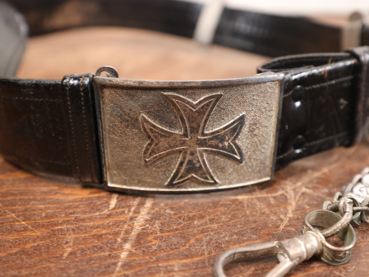 Lot 017 - Antique Masonic Knights Templar Leather Belt With Metal Adornments, Iron Cross, Chains, Size 36, Belonged To E.G. Watson, Made By Ames Sword Company 