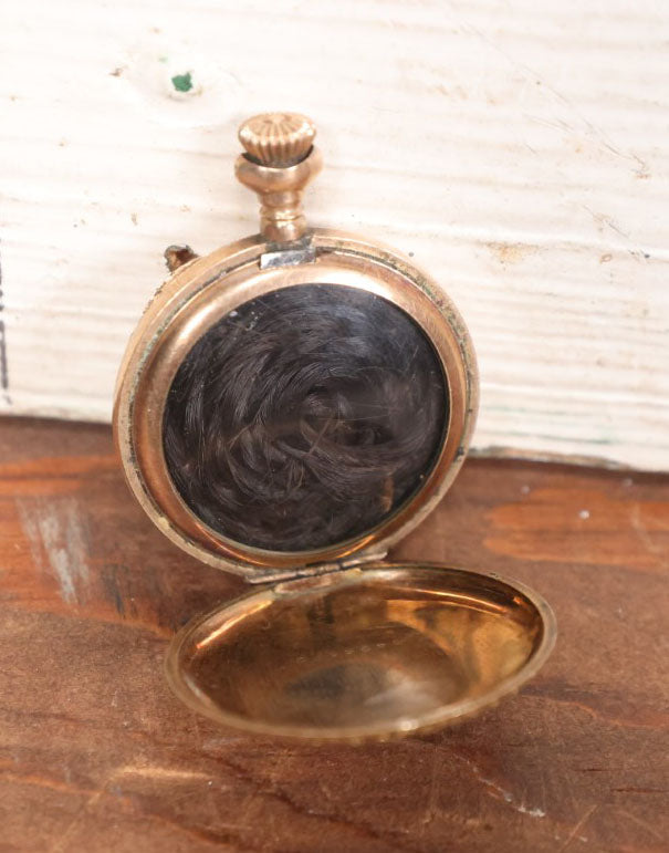 Lot 020 - Antique Pocket Watch Case With Braided Dark Brown Hair Memento Keepsake, Monogram On Cover