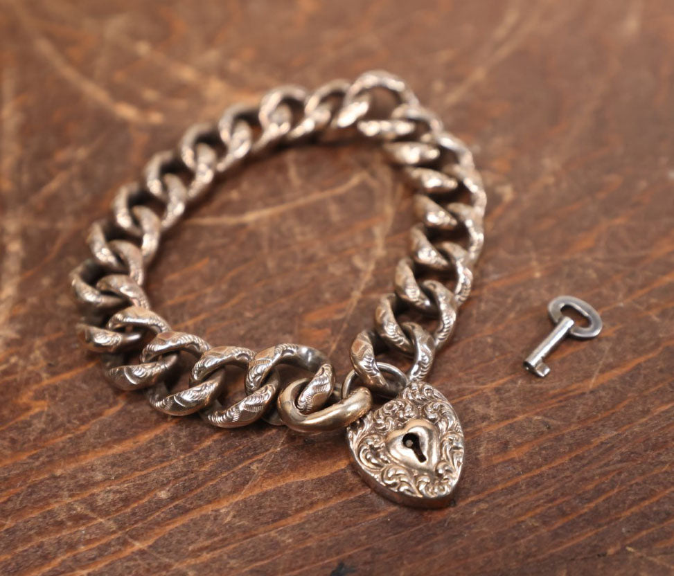 Lot 026 - Antique Etched Chain Bracelet With Miniature Padlock And Key, Working Condition, Marked G.