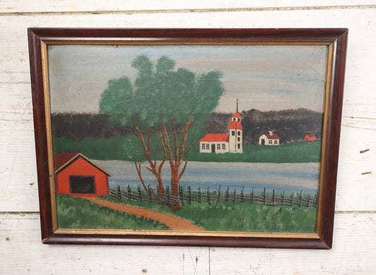 Lot 028 - Antique Folk Art Painting On Board, Country Scene With Tree, Covered Bridge, River, Barn, In Frame