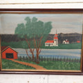 Lot 028 - Antique Folk Art Painting On Board, Country Scene With Tree, Covered Bridge, River, Barn, In Frame