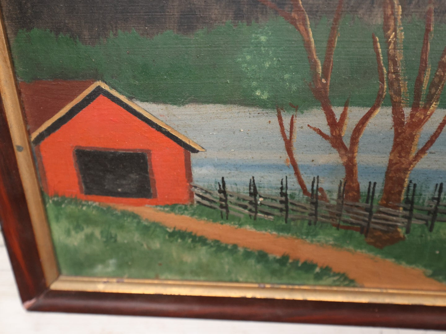 Lot 028 - Antique Folk Art Painting On Board, Country Scene With Tree, Covered Bridge, River, Barn, In Frame