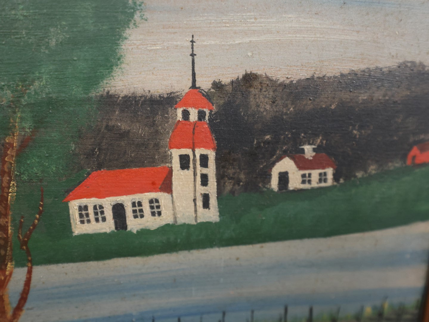 Lot 028 - Antique Folk Art Painting On Board, Country Scene With Tree, Covered Bridge, River, Barn, In Frame