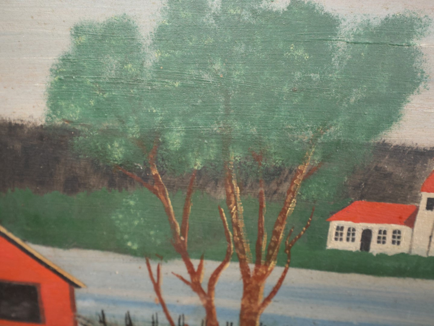 Lot 028 - Antique Folk Art Painting On Board, Country Scene With Tree, Covered Bridge, River, Barn, In Frame