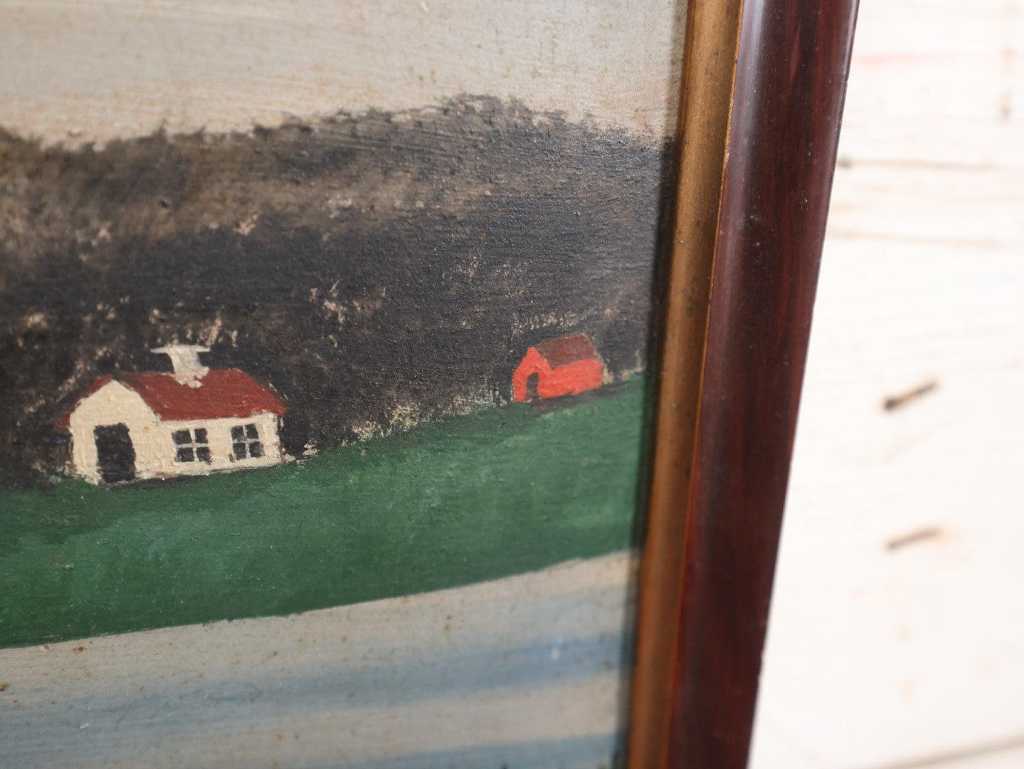 Lot 028 - Antique Folk Art Painting On Board, Country Scene With Tree, Covered Bridge, River, Barn, In Frame