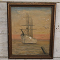 Lot 030 - Antique Oil On Canvas Painting Of A Tall Ship With Colorful Sunset Sky, Seagulls, Note Losses To Paint