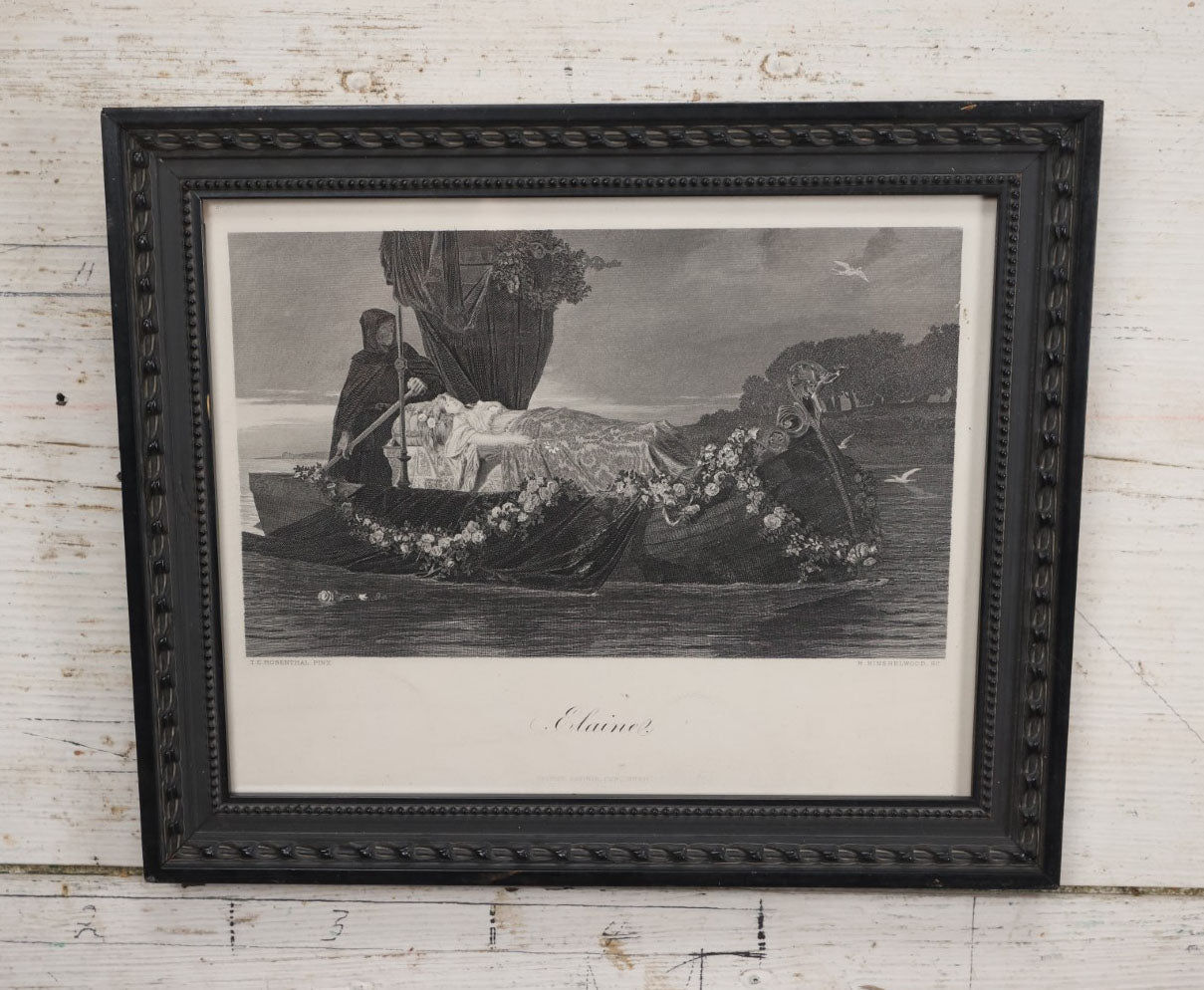 Lot 034 - Antique Framed Print Of Woman's Dead Body Being Ferried On A Boat, Titled "Elaine," Inspired By Alfred Tennyson's "Elaine, The Lady Of Ashlott," George Barris Publisher, Robert Hinshelwood After Toby Edward Rosenthal