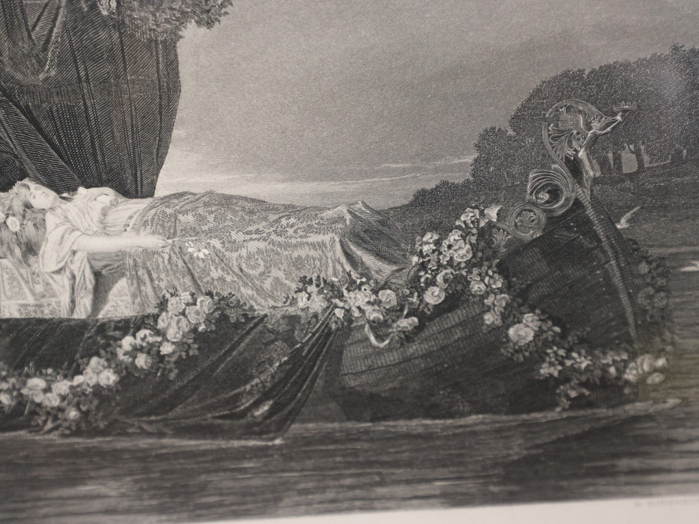 Lot 034 - Antique Framed Print Of Woman's Dead Body Being Ferried On A Boat, Titled "Elaine," Inspired By Alfred Tennyson's "Elaine, The Lady Of Ashlott," George Barris Publisher, Robert Hinshelwood After Toby Edward Rosenthal