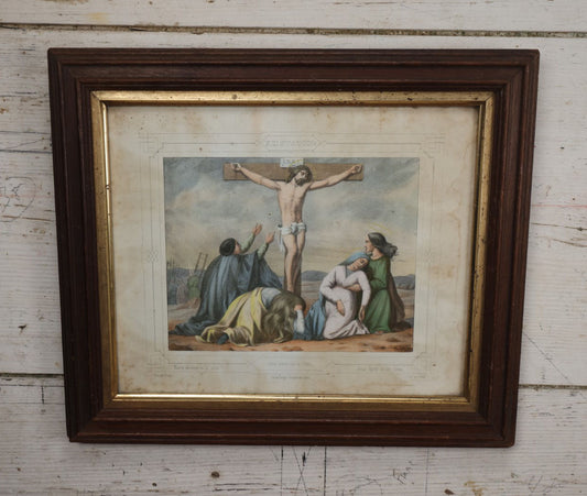 Lot 035 - Antique Hand Colored Lithograph Depicting The 12th Station Of The Cross, "Jesus Dies On The Cross," In Original Frame, French Print