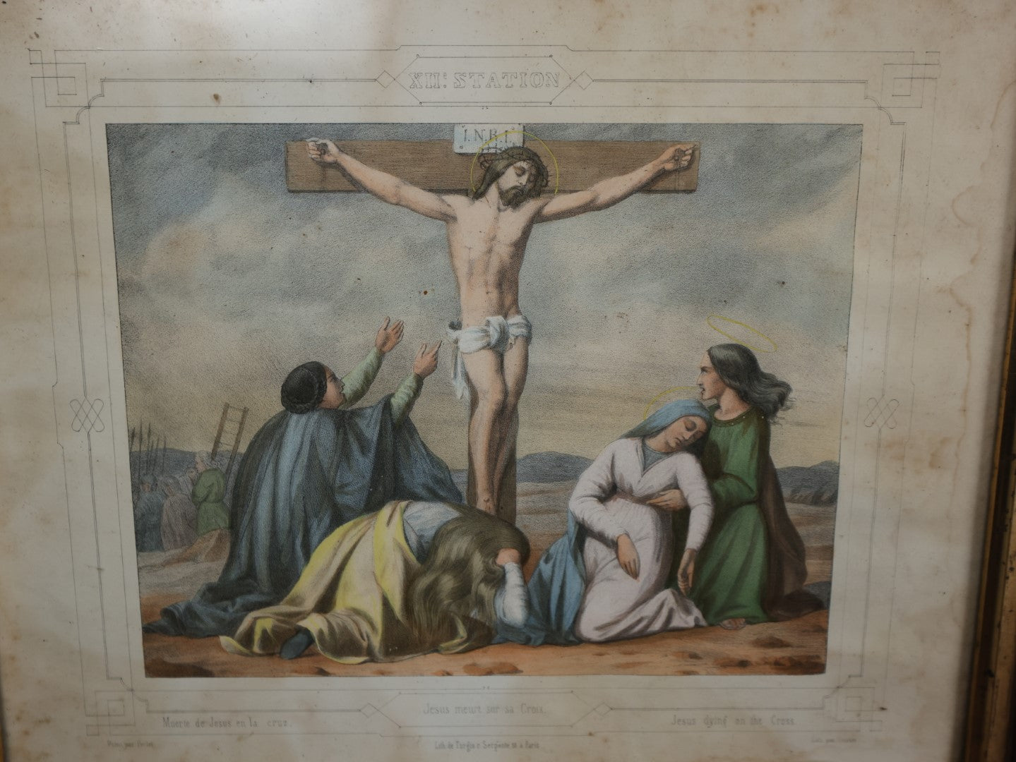 Lot 035 - Antique Hand Colored Lithograph Depicting The 12th Station Of The Cross, "Jesus Dies On The Cross," In Original Frame, French Print