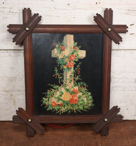 Lot 036 - Antique Framed Chromolithograph Of The Cross Adorned With Colorful Flowers, Black Background, Wooden Frame