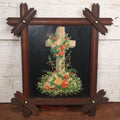 Lot 036 - Antique Framed Chromolithograph Of The Cross Adorned With Colorful Flowers, Black Background, Wooden Frame