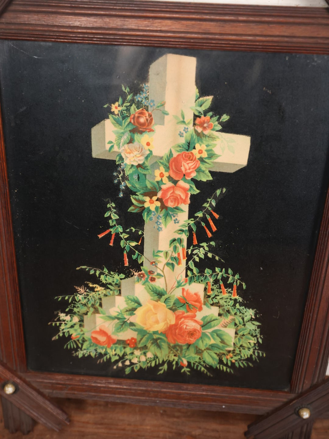 Lot 036 - Antique Framed Chromolithograph Of The Cross Adorned With Colorful Flowers, Black Background, Wooden Frame