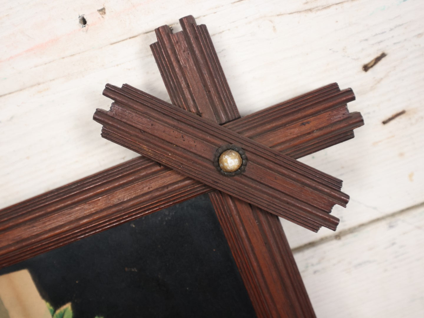 Lot 036 - Antique Framed Chromolithograph Of The Cross Adorned With Colorful Flowers, Black Background, Wooden Frame