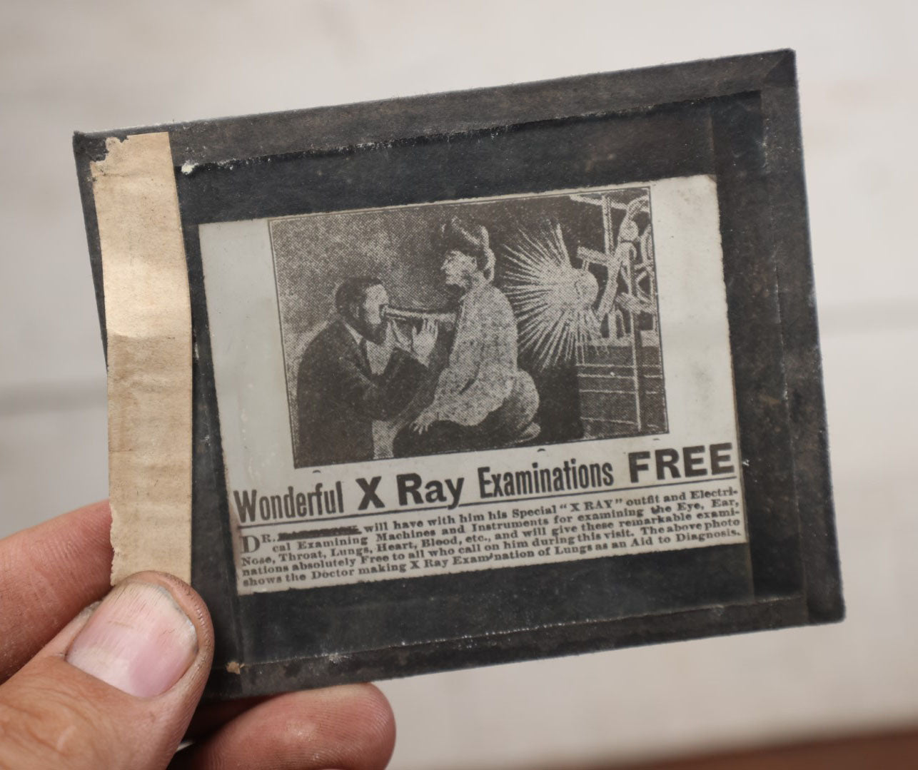 Lot 042 - Grouping Of Three Antique Magic Lantern Slides Showing X-Ray Advertisements, Info, And Apparatus