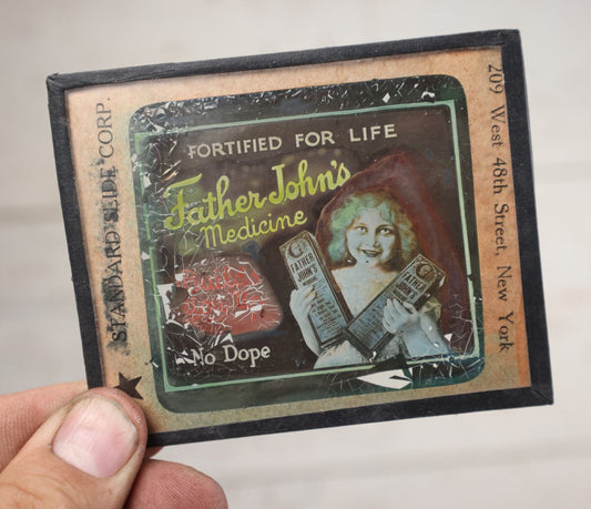 Lot 044 - Single Antique Magic Lantern Slide Advertising Father John's "No Dope" Medicine, Made By Standard Slide Corp, New York, Not Wear