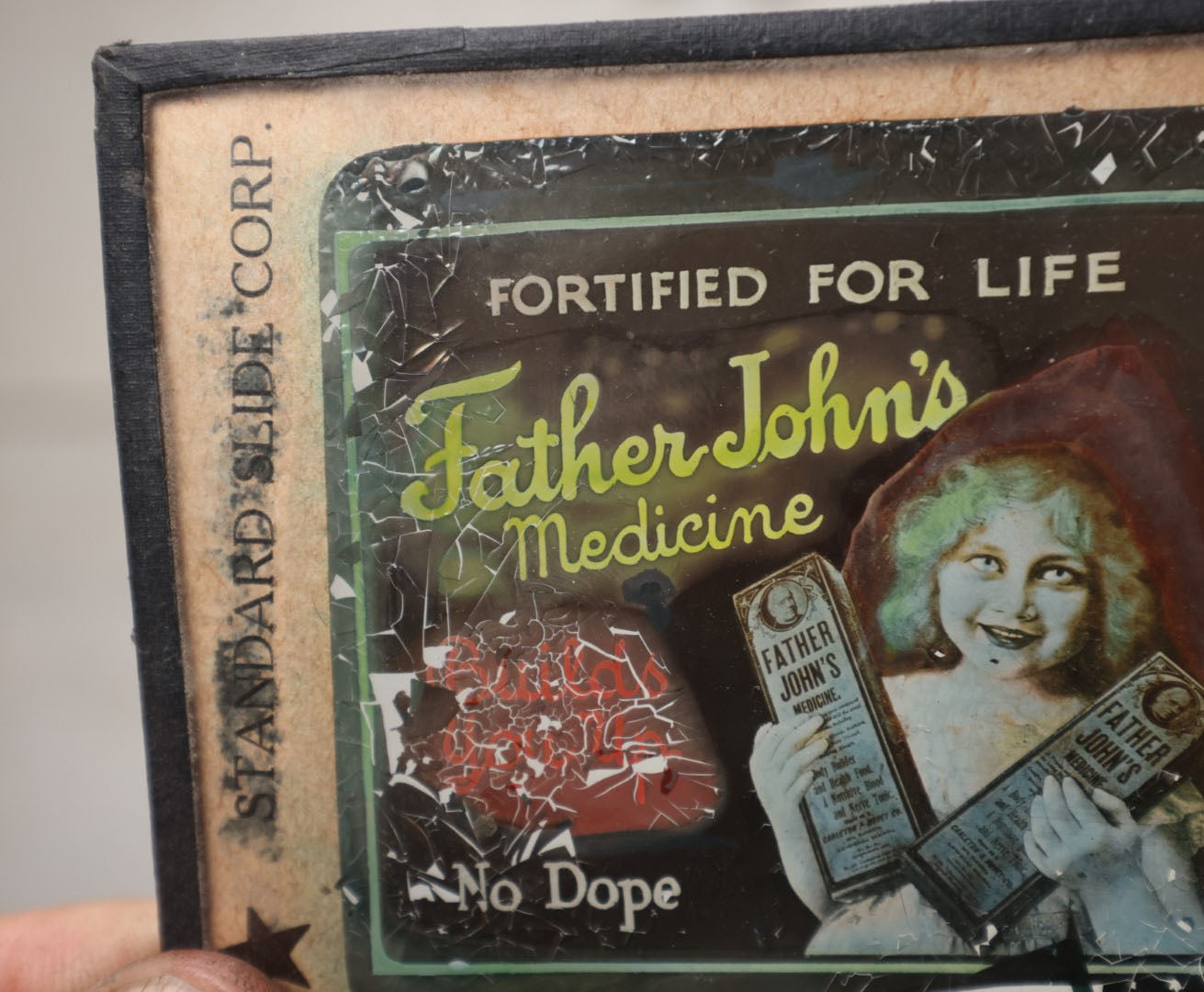 Lot 044 - Single Antique Magic Lantern Slide Advertising Father John's "No Dope" Medicine, Made By Standard Slide Corp, New York, Not Wear