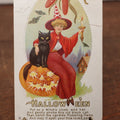 Lot 046 - Antique Embossed Halloween Postcard Of Young Witch In Red With Black Cat, Jack-O-Lantern, "Put On A Witch's Cloak," Note Small Tear