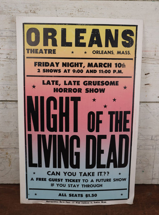 Lot 069 - Vintage Movie Poster Advertising "Night Of The Living Dead," Friday March 10th, Circa 1972, From Orleans Cinema, Massachusetts, "Late, Late Gruesome Horror Show," Printed By Metropolitan Show Print, Boston (One With Bent Corner)