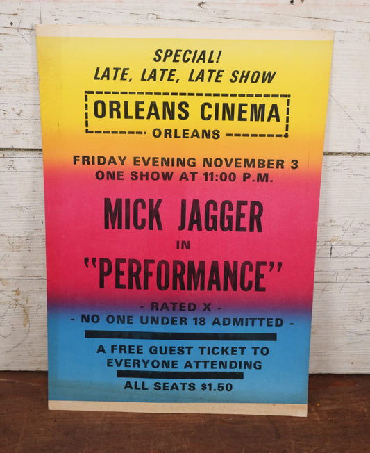 Lot 070 - Vintage Movie Poster Advertising Mick Jagger In X-Rated Movie "Performance," Friday November 3rd, Circa 1972, From Orleans Cinema, Massachusetts