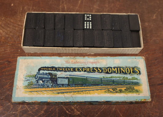 Lot 073 - The Embossing Company's Double Twelve Express Dominoes, Vintage Dominoes In Box With Train Decoration, Made In U.S.A., Missing One Domino