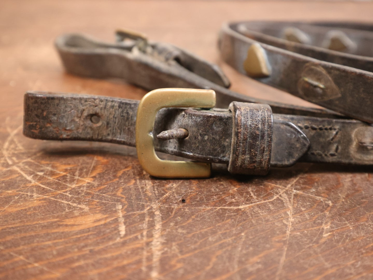 Lot 075 - Antique Leather Horse Harness Reins With Brass Heart Shaped Studs, Note Missing Some Studs, Various Wear