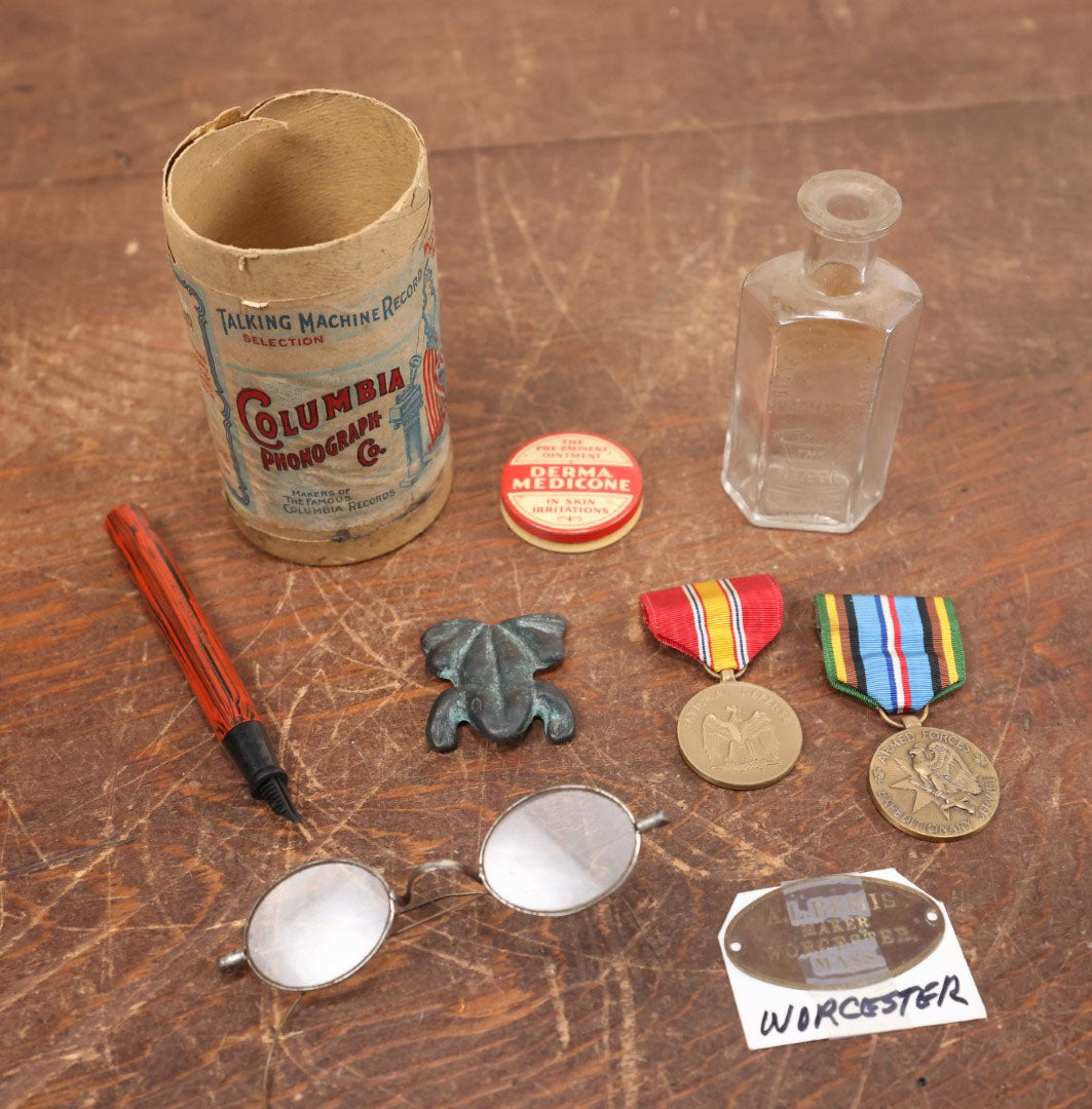 Lot 100 - Grouping Of Nine Mixed Assorted Accessories - Edison Cylinder Tube Box, Military Medals, Frog, Bottle, Fountain Pen, Etc.