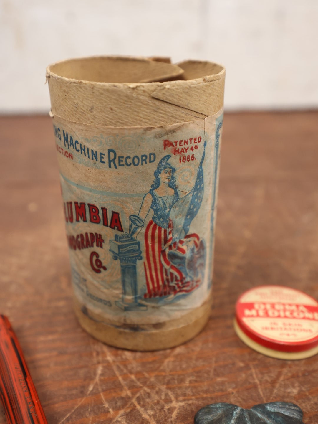 Lot 100 - Grouping Of Nine Mixed Assorted Accessories - Edison Cylinder Tube Box, Military Medals, Frog, Bottle, Fountain Pen, Etc.