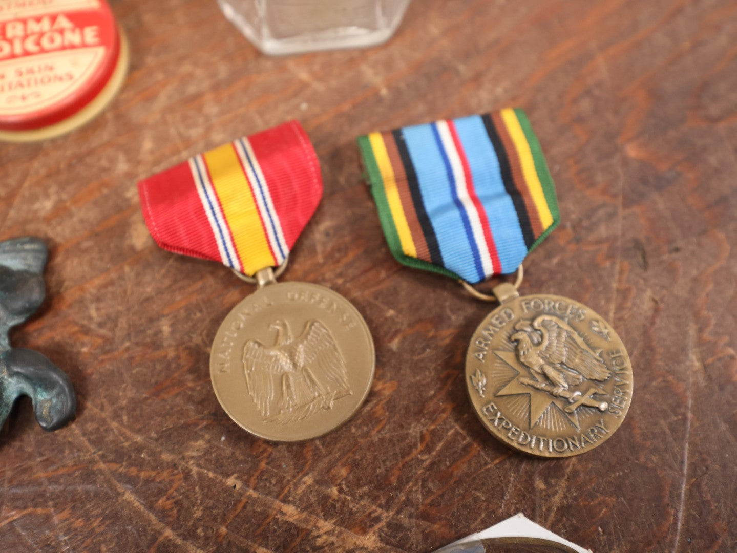 Lot 100 - Grouping Of Nine Mixed Assorted Accessories - Edison Cylinder Tube Box, Military Medals, Frog, Bottle, Fountain Pen, Etc.