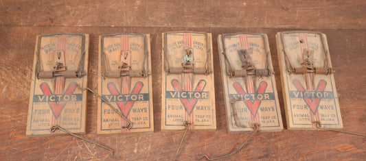 Lot 111 - Grouping Of Five Vintage Victor Four Ways Animal Trap Co., Lititz, Pennsylvania, Rat / Mouse Traps, Originally Purchased From Stamford Hardware, Nashua, New Hampshire