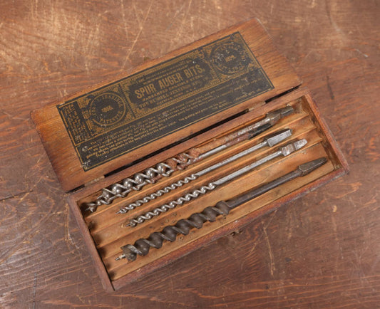 Lot 115 - Antique Multi-Level Drill Bit Storage Box With Bits, Spur Auger Bits, Russell Jennings Brand