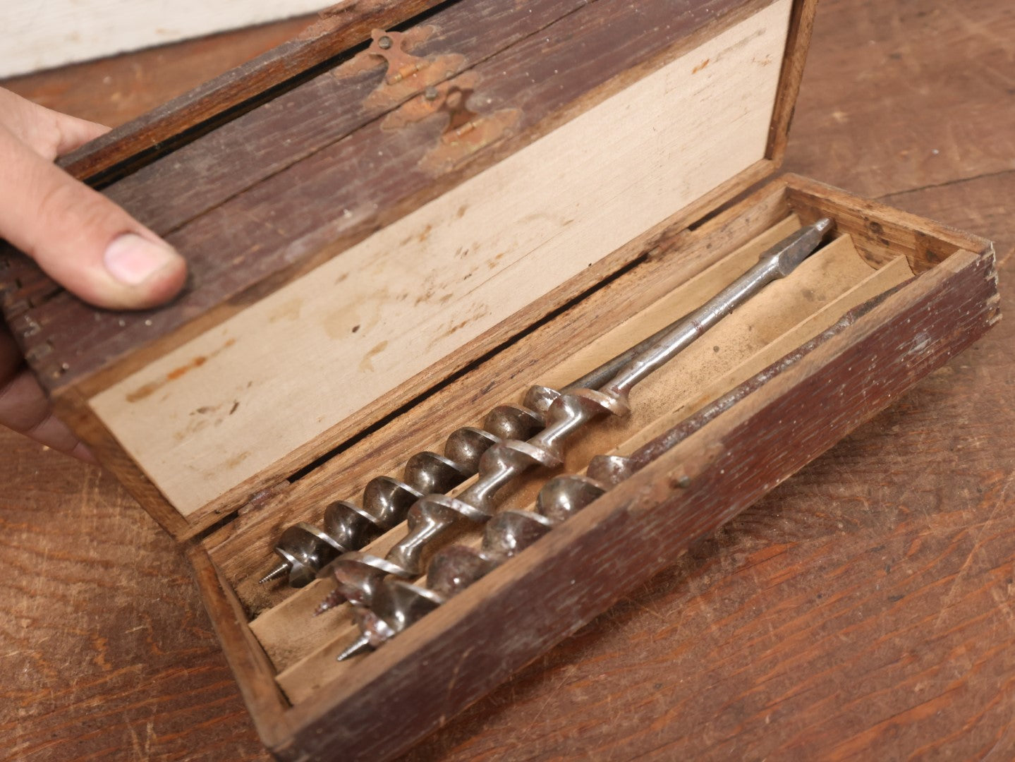 Lot 115 - Antique Multi-Level Drill Bit Storage Box With Bits, Spur Auger Bits, Russell Jennings Brand