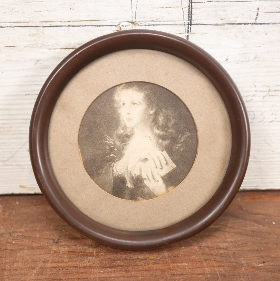 Lot 116 - Antique Small Round Framed Print Of Beautiful Woman Holding Book