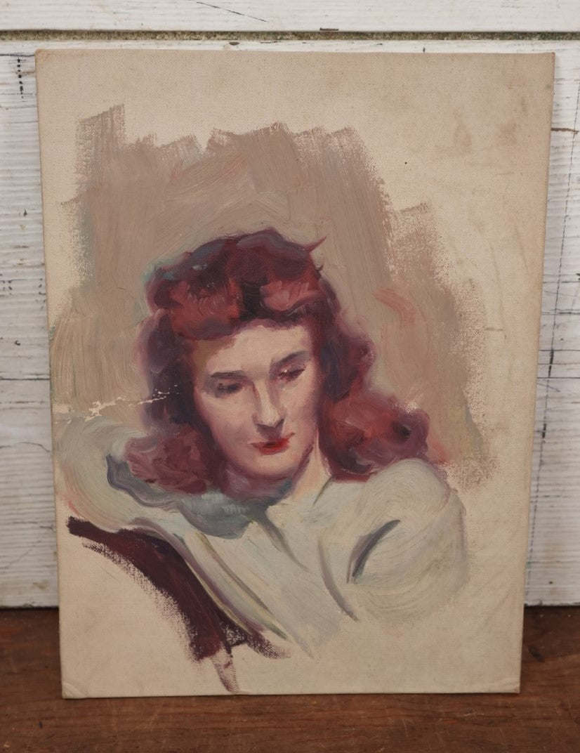 Lot 118 - Vintage Oil On Board Painting Of A Pretty Red-Headed Woman, Unframed, Board By Windsor & Newton Artists' Materials, New York