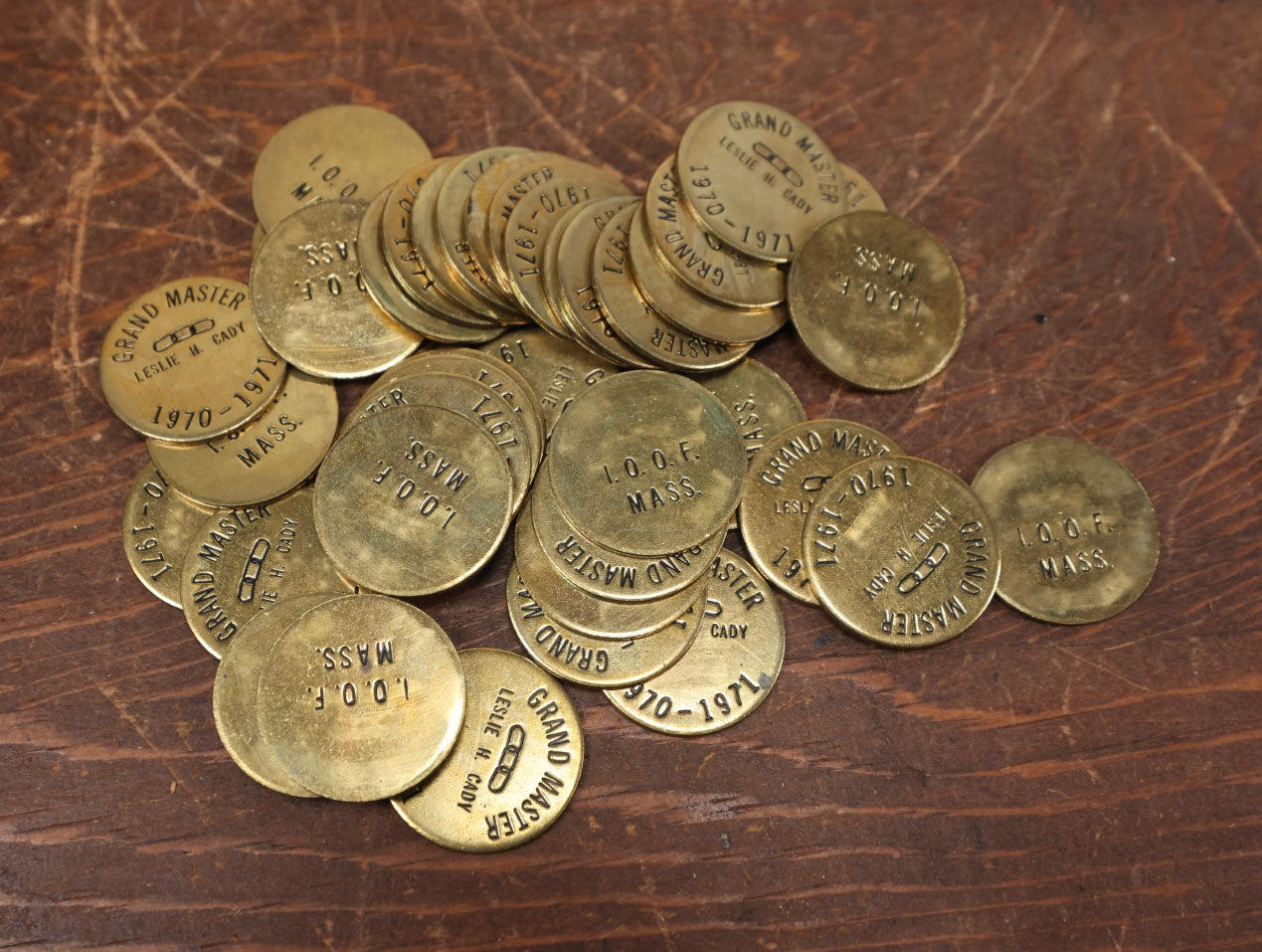 Lot 121 - Grouping Of Vintage Brass Odd Fellows I.O.O.F. Tokens Commemorating Grand Master Leslie H. Cady Who Served From 1970-1971, Massachusetts 