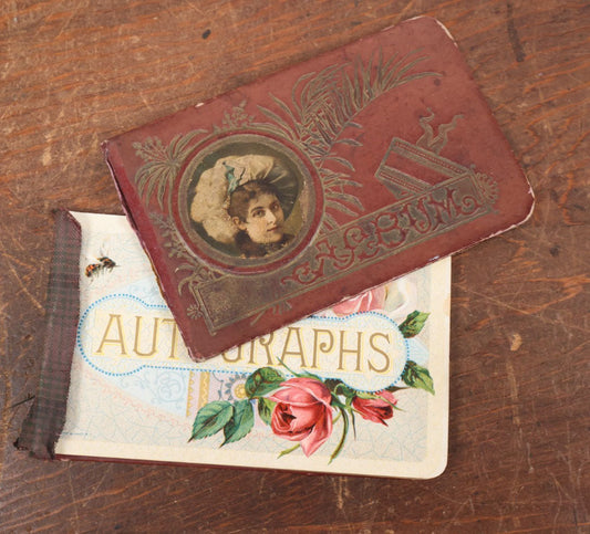 Lot 136 - Antique Victorian Autograph Album, Red / Maroon, With Woman In Hat On Cover, Circa 1880s