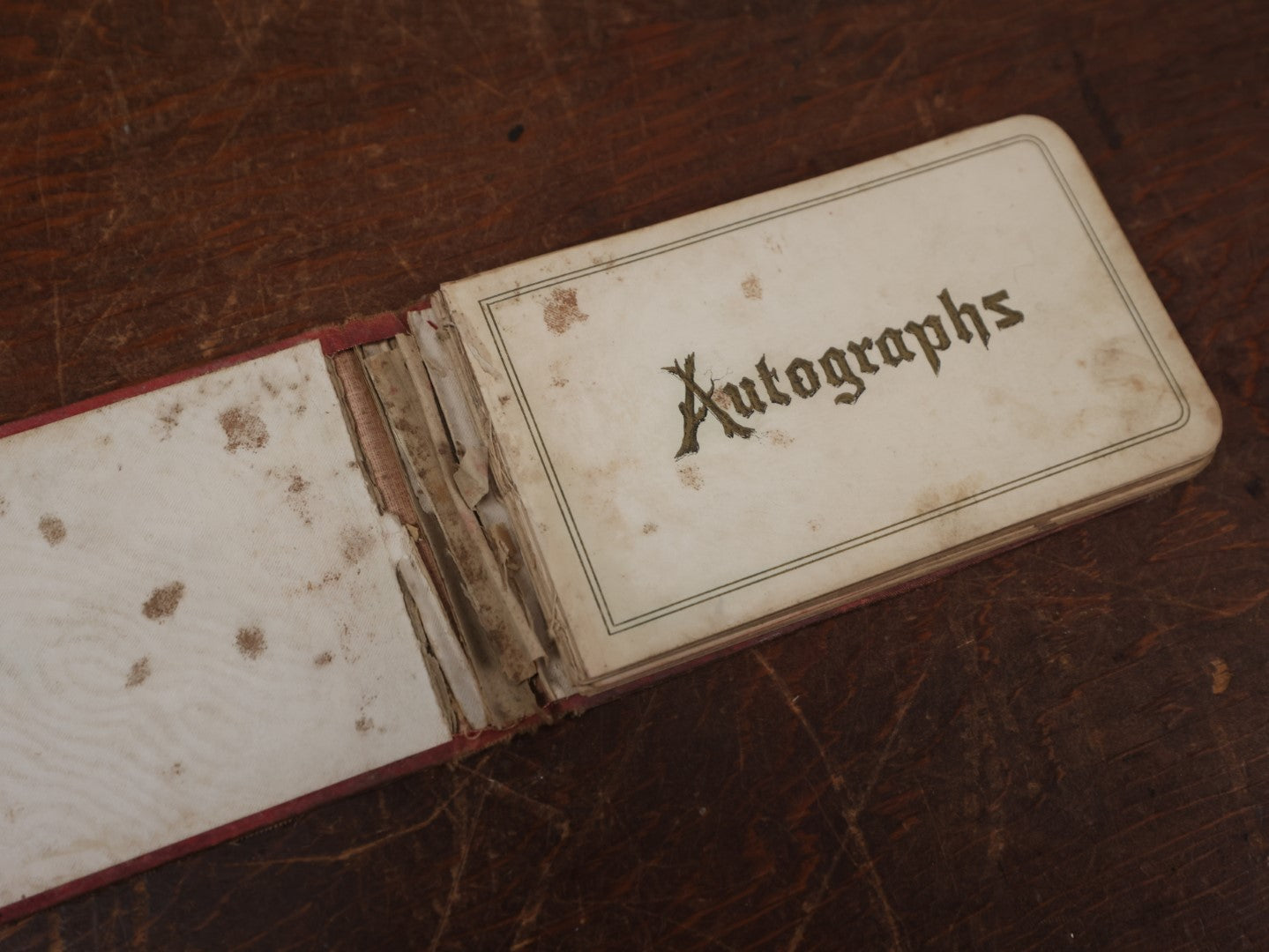 Lot 137 - Antique Victorian Autograph Album Containing A Lock Of Hair, Light Red With Leaves, Rectangles On Cover, Circa 1880s