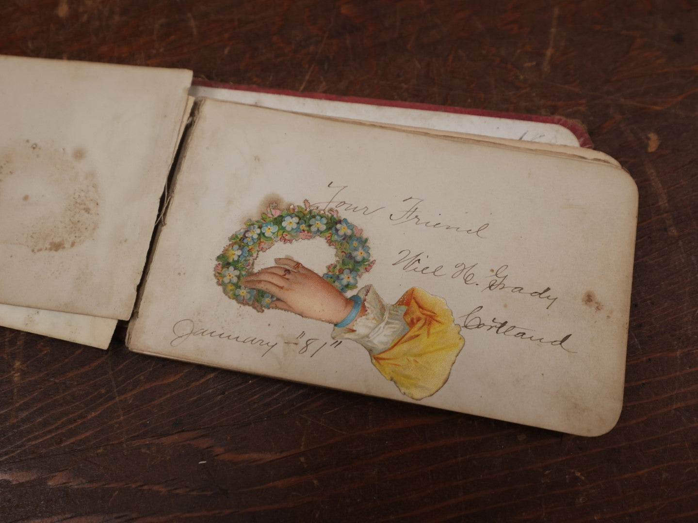 Lot 137 - Antique Victorian Autograph Album Containing A Lock Of Hair, Light Red With Leaves, Rectangles On Cover, Circa 1880s